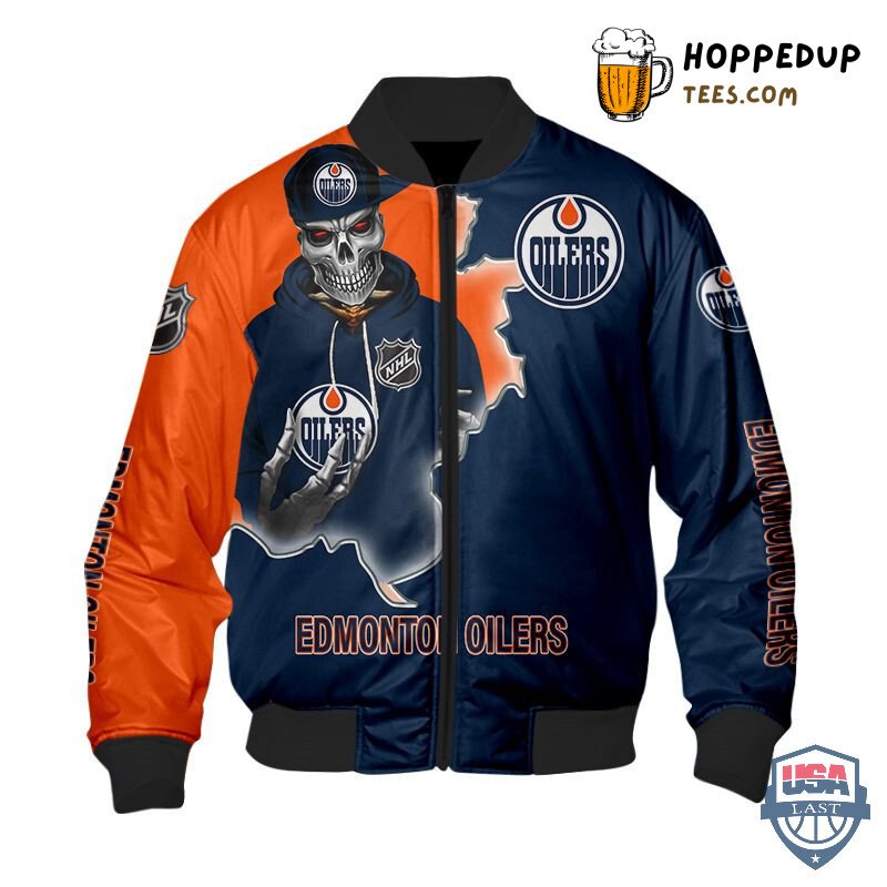 NHL Edmonton Oilers Navy Blue Orange Skull Scratch Bomber Jacket