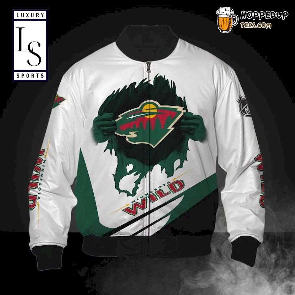 NHL Minnesota Wild White Green Logo Pulling Hand Bomber Jacket