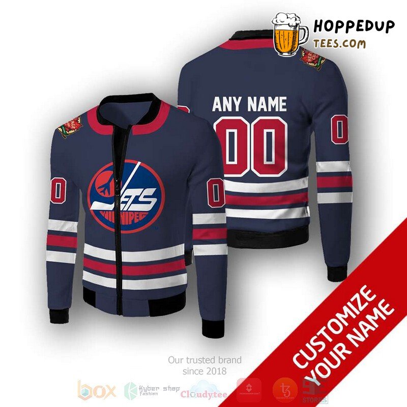 NHL Winnipeg Jets Custom Name Number Blue White Bomber Jacket NHL Winnipeg Jets Custom Name Number Blue White Bomber Jacket