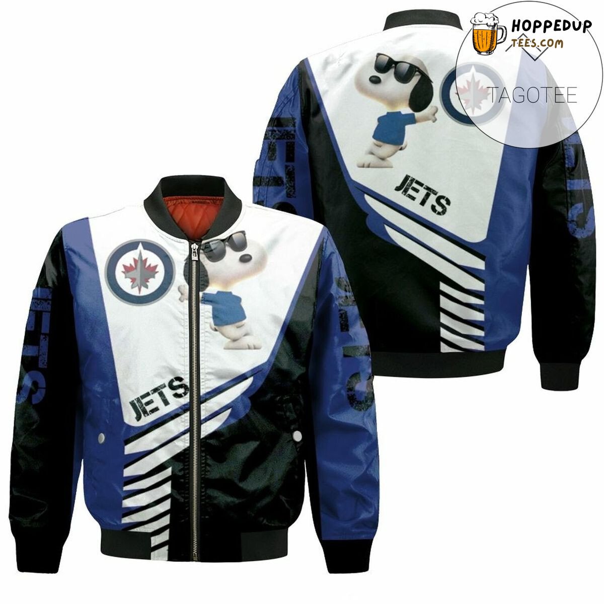 NHL Winnipeg Jets White Navy Blue Snoopy For Fans Bomber Jacket