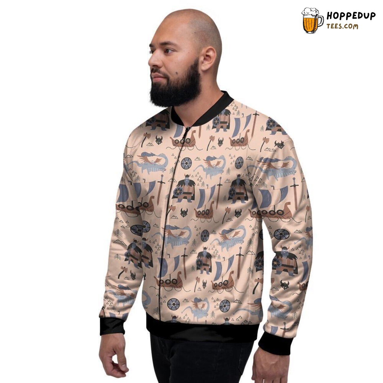 Norse Myth Viking Cartoon Inspired Men’s Bomber Jacket Historical Fun Design