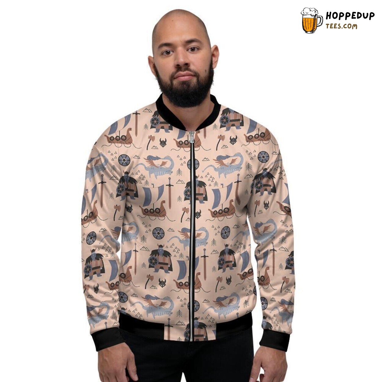 Norse Myth Viking Cartoon Inspired Men’s Bomber Jacket Historical Fun Design