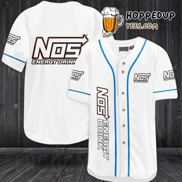NOS Energy Drink Themed White Baseball Jersey Unique Distinctive Look Style