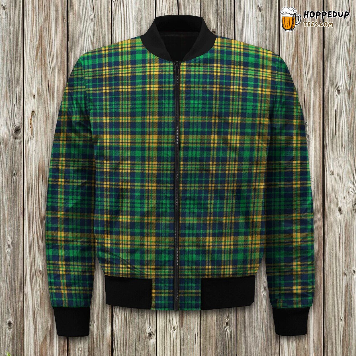 Notre Dame Plaid Gold Blue Green Fabric Bomber Jacket