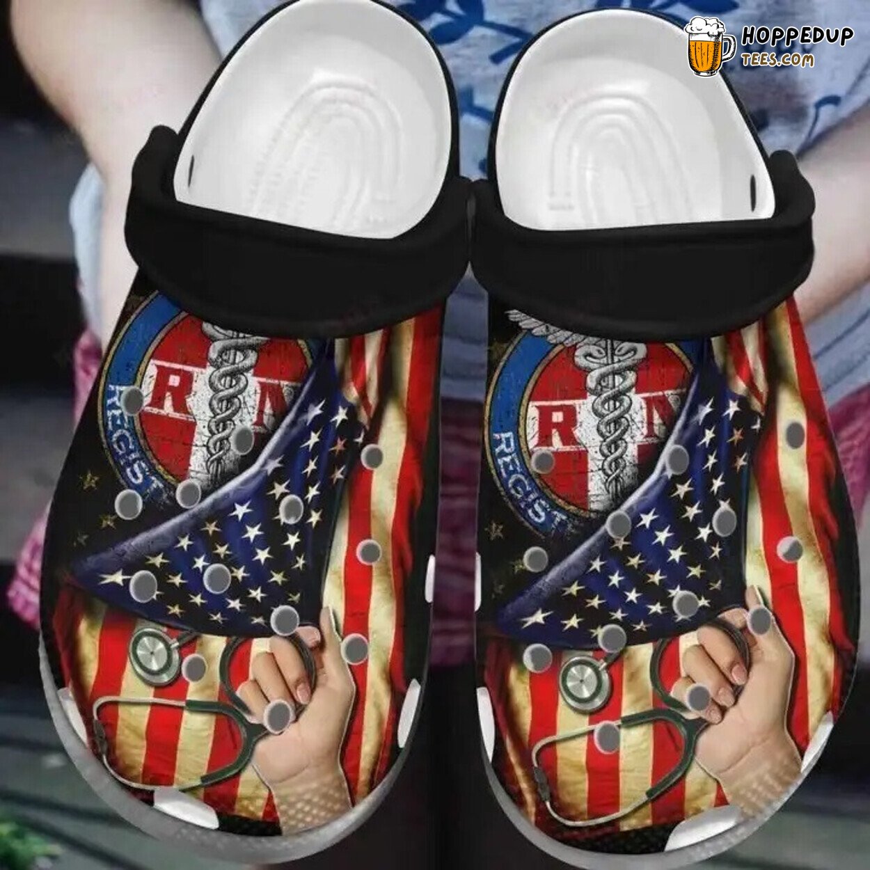 Nurse American Flag And RN Nurse Theme Clog Shoes Patriotic Healthcare