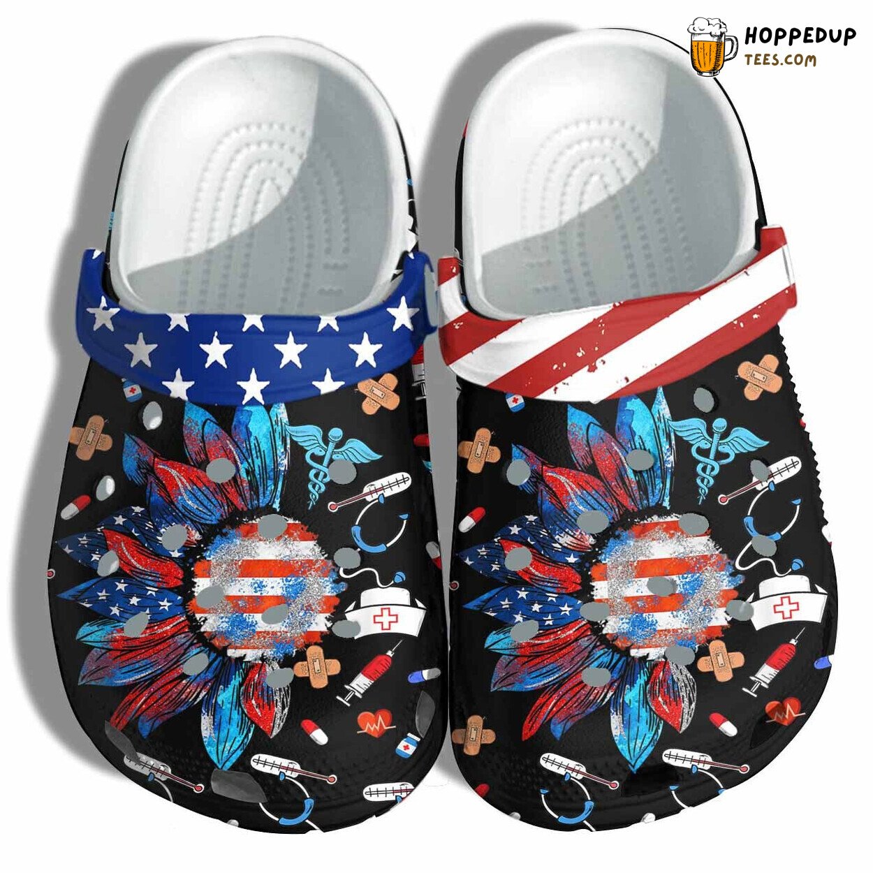 Nurse Sunflower 4th July Black Croc Shoes Gift Step Mom USA Flag Design