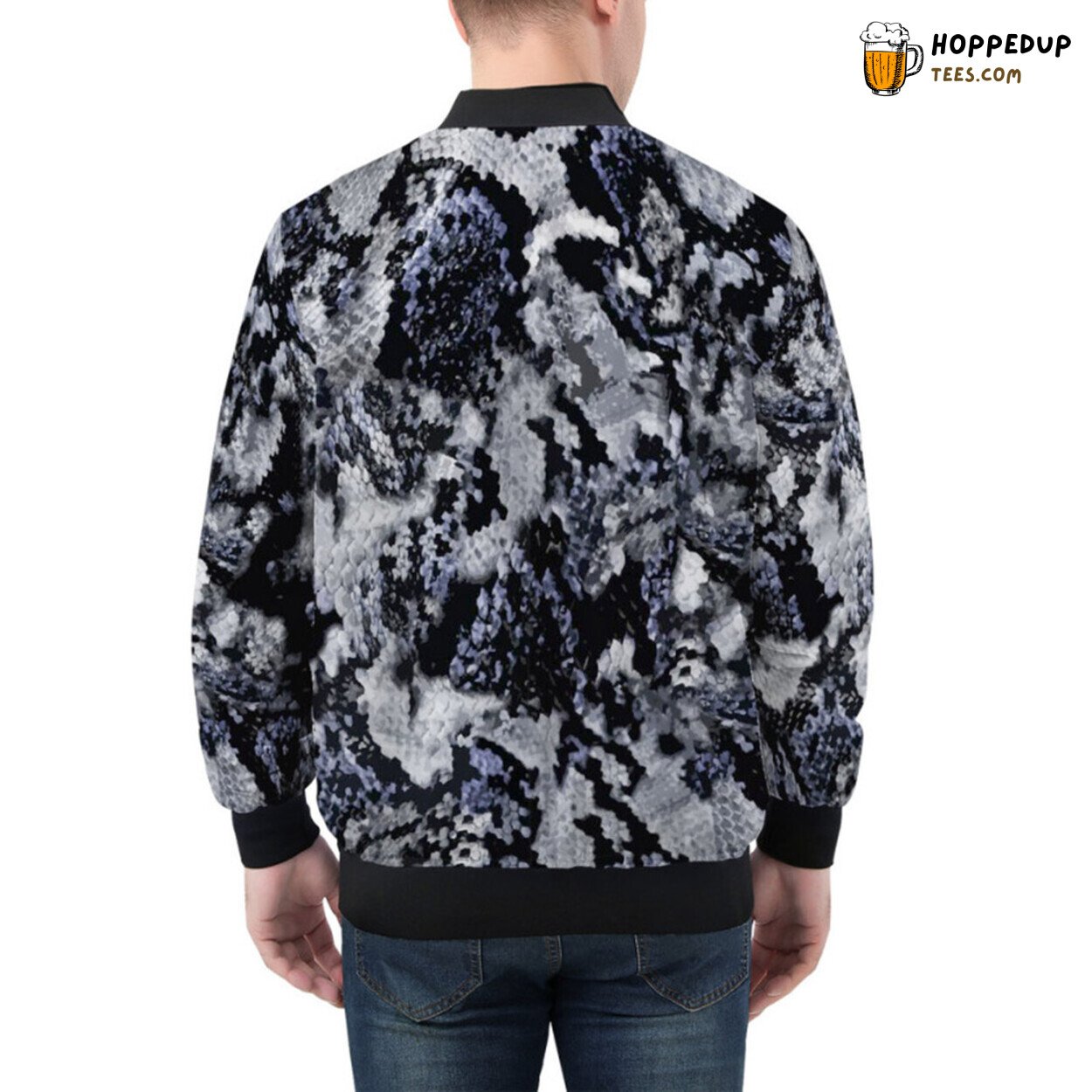 Oceanic Blue Snake Skin Texture Elevating Bomber Jacket Aesthetics