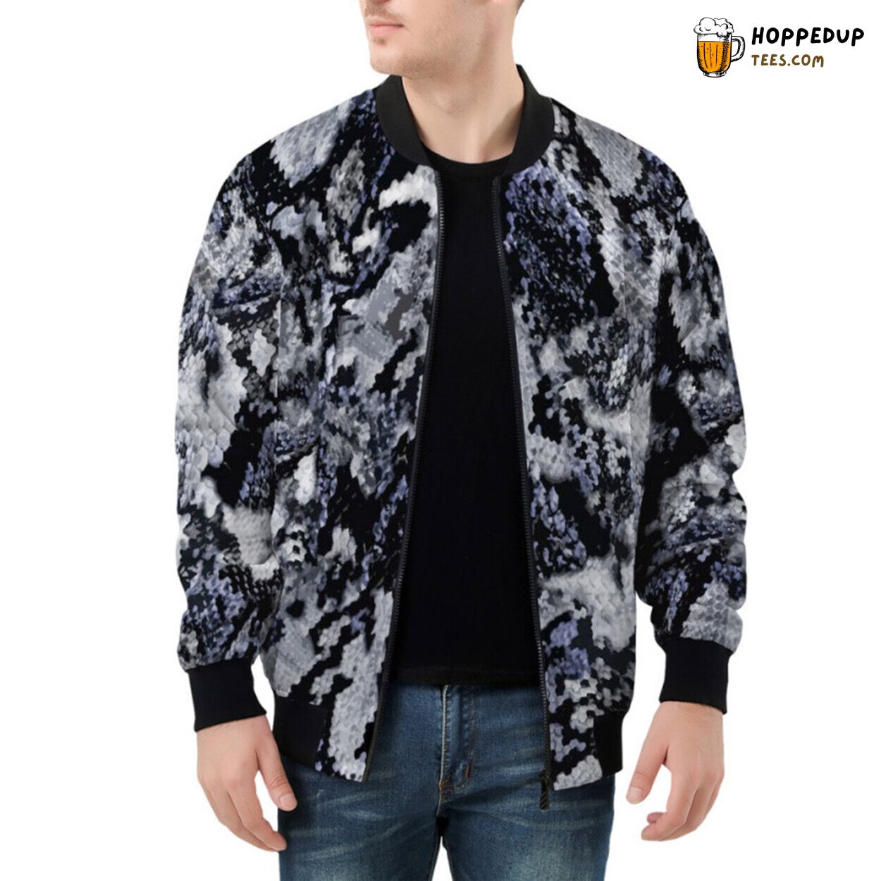 Oceanic Blue Snake Skin Texture Elevating Bomber Jacket Aesthetics