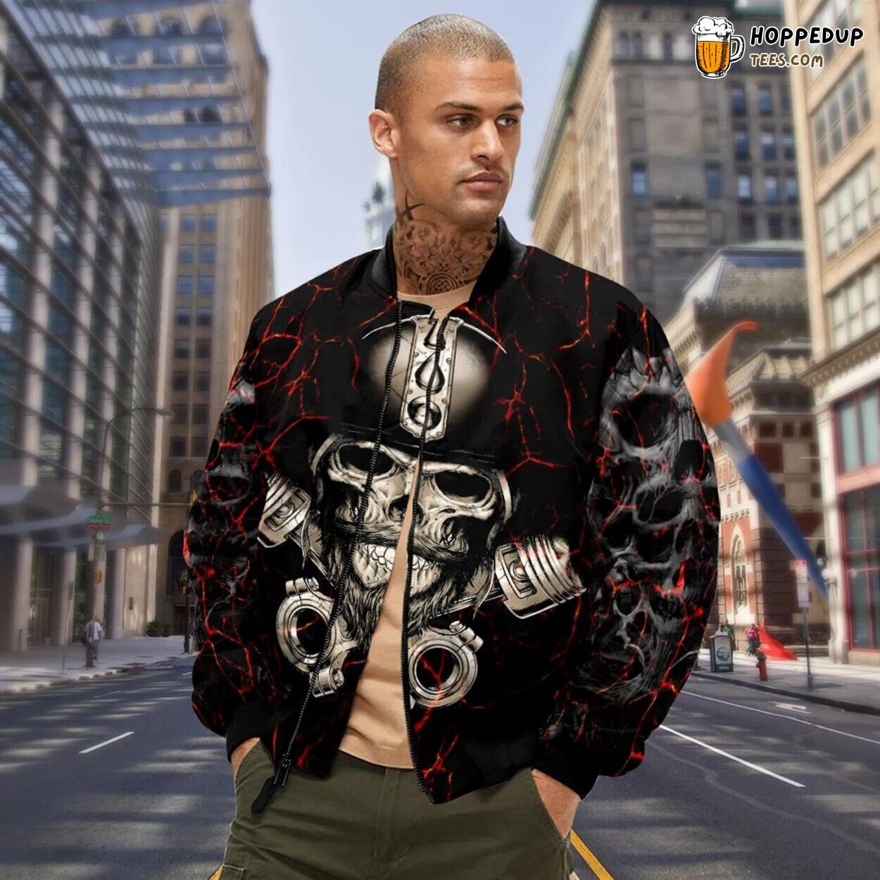 Old School Biker Unique Bomber Jacket 3D Print Viking Skull Graphic Design