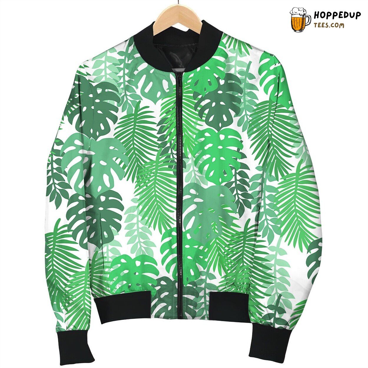 On A White Background Tropical Leaves Pattern Bomber Jacket