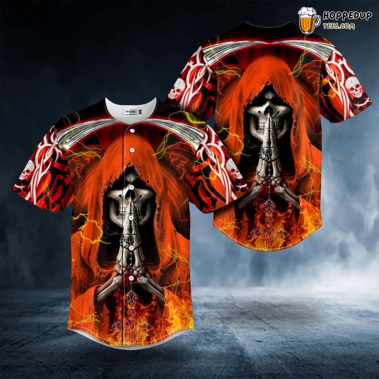 Orange Fire Prayer Grim Reaper Skull Tailored Baseball Jersey Custom