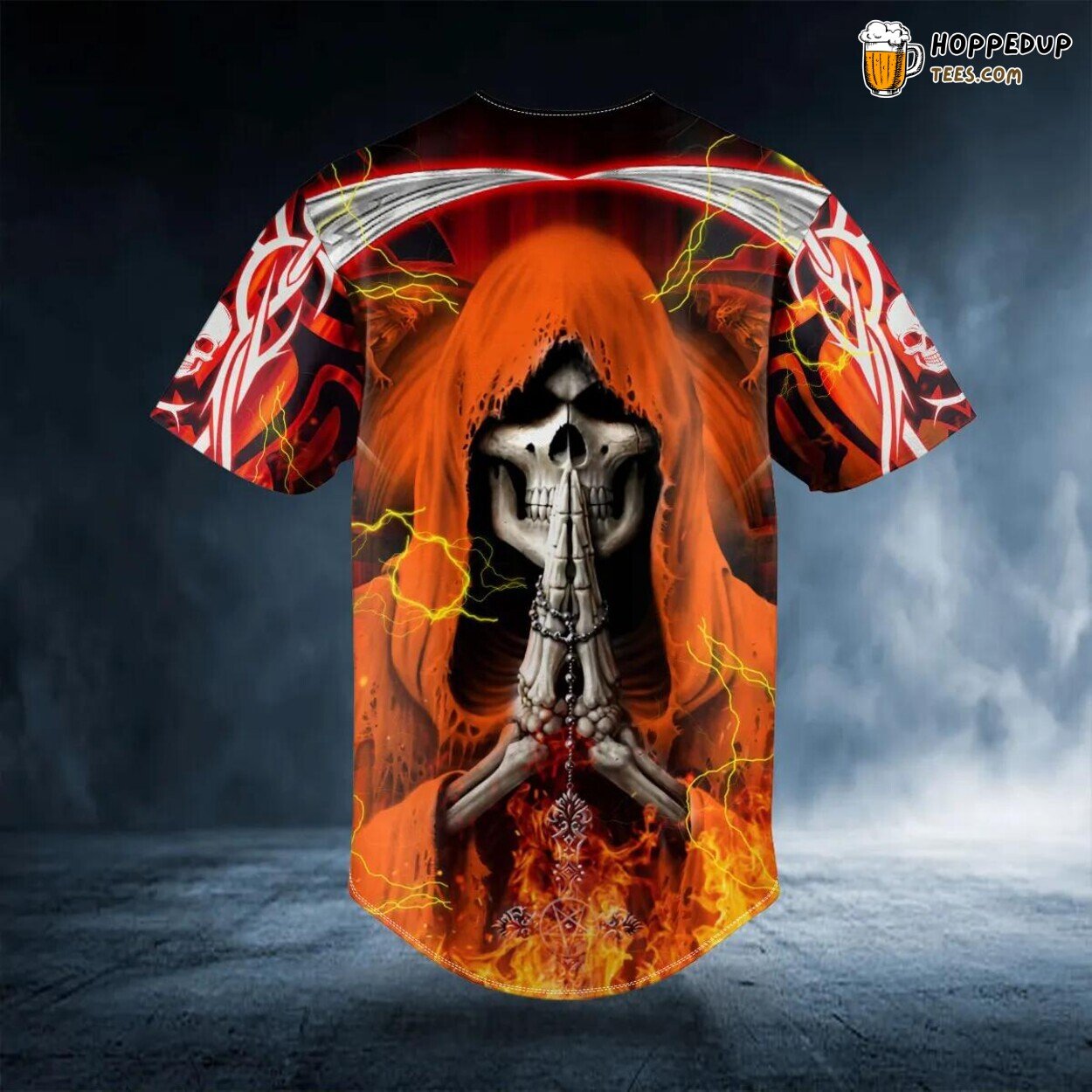 Orange Fire Reaper Prayer Skull Baseball Jersey Viking 3D Print Unique Tee