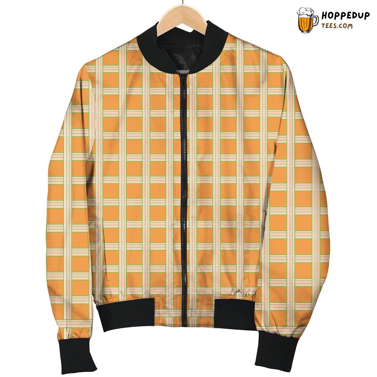Orange Gingham Patterned Winter Bomber Jacket Vibrant Comfort