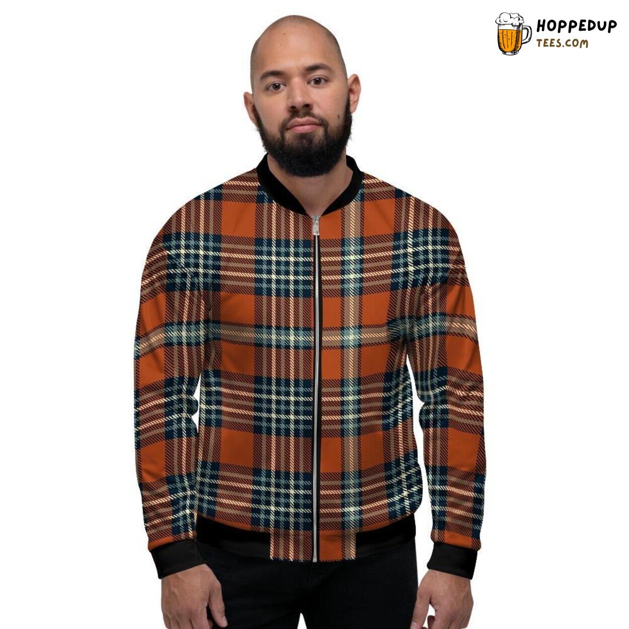 Orange Hue Tartan Plaid Design Men’s Bomber Jacket Vibrant Scottish Style Wear