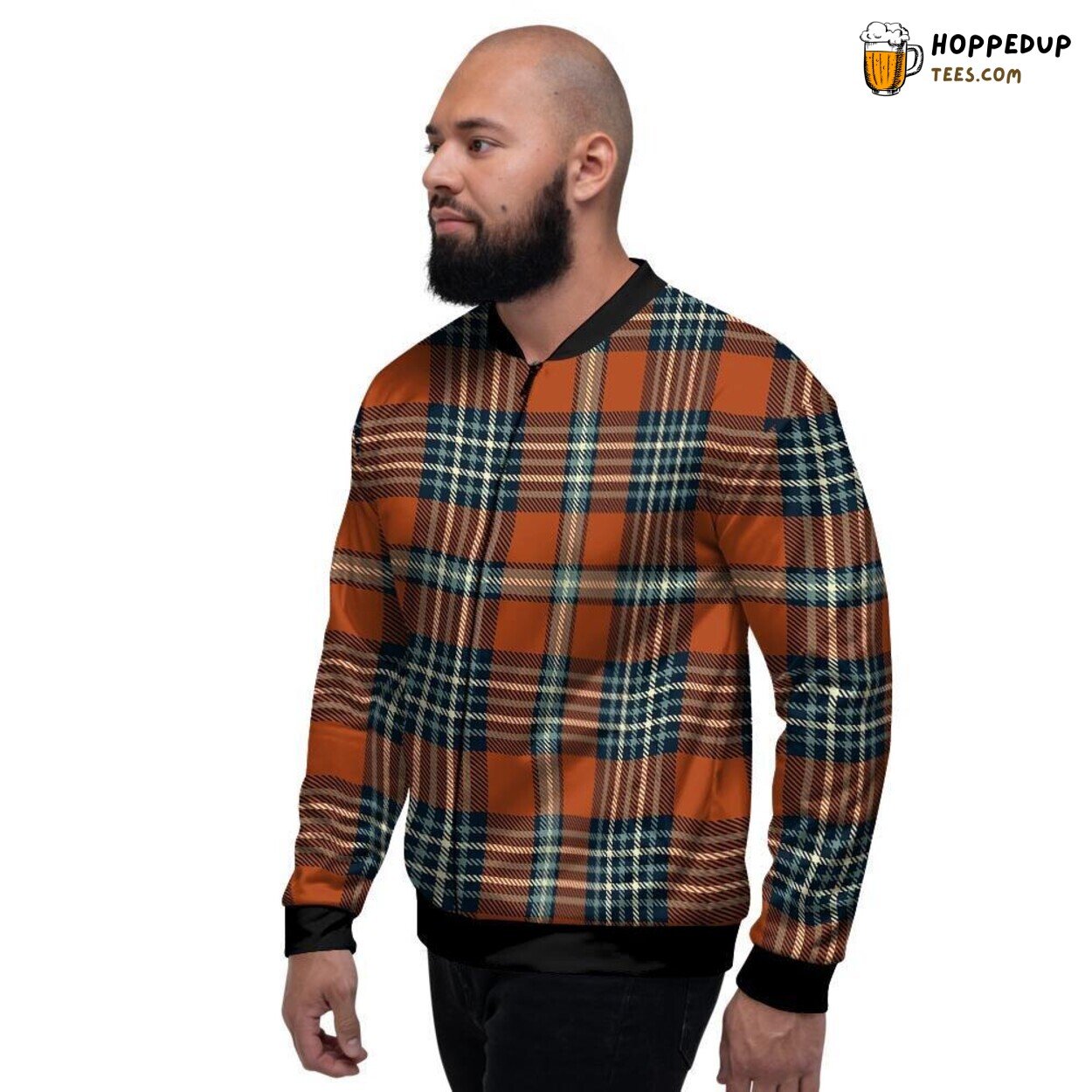 Orange Hue Tartan Plaid Design Men’s Bomber Jacket Vibrant Scottish Style Wear