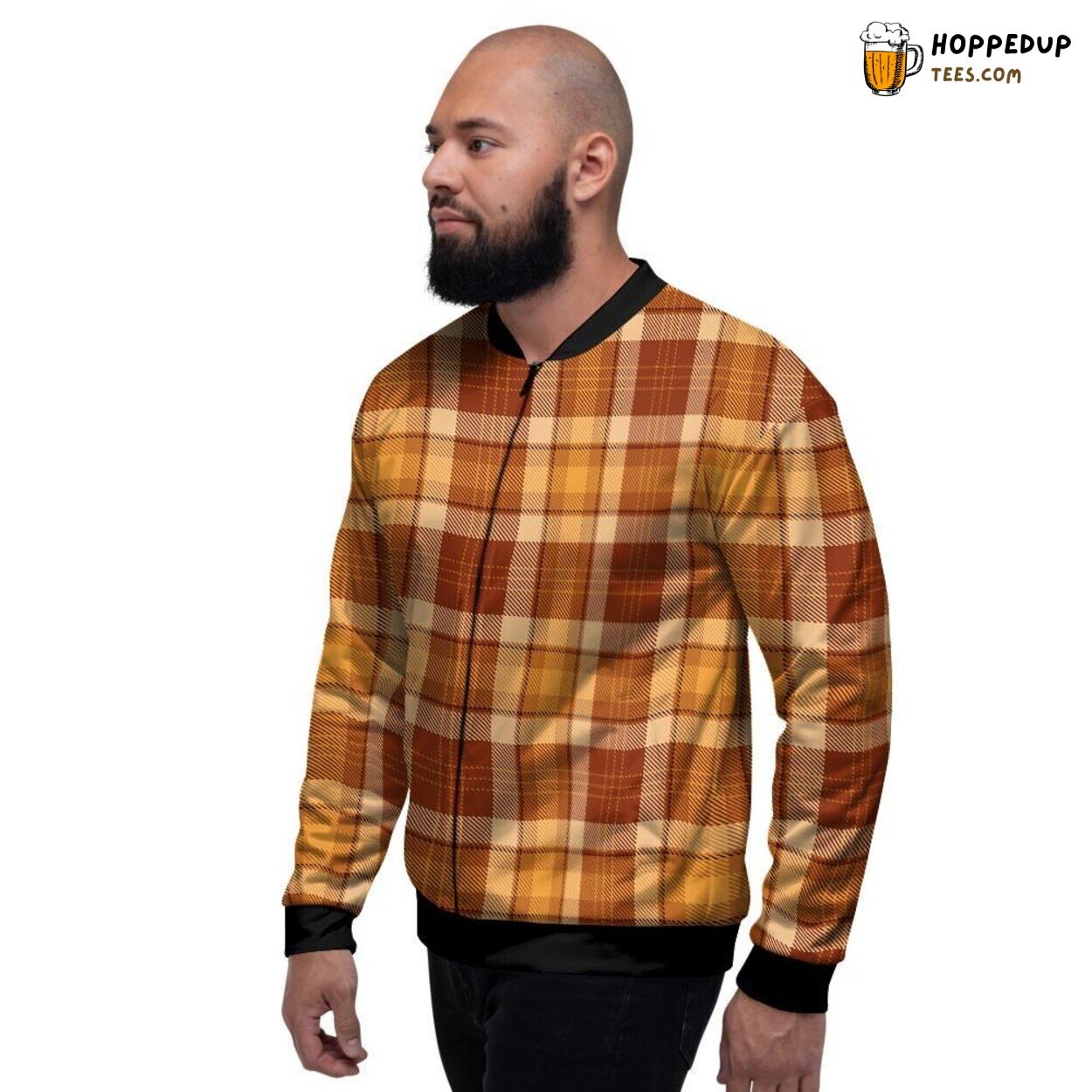 Orange Tartan Plaid Print Men’s Bomber Jacket Checkered Design Art Display