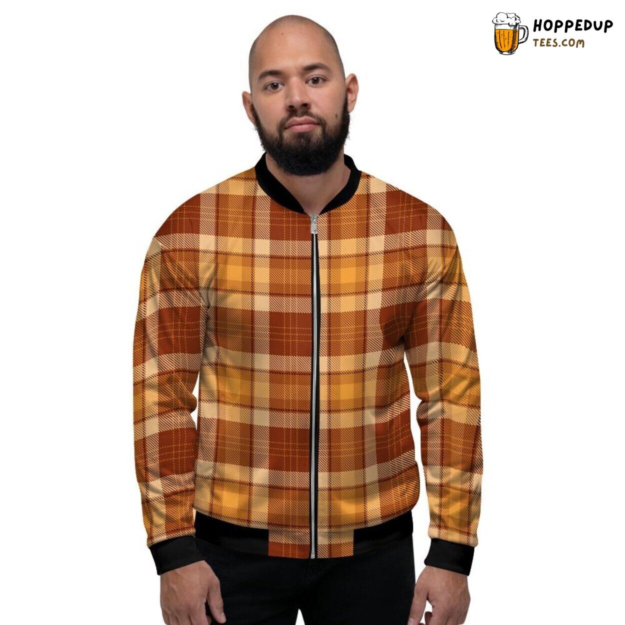 Orange Tartan Plaid Print Men’s Bomber Jacket Checkered Design Art Display