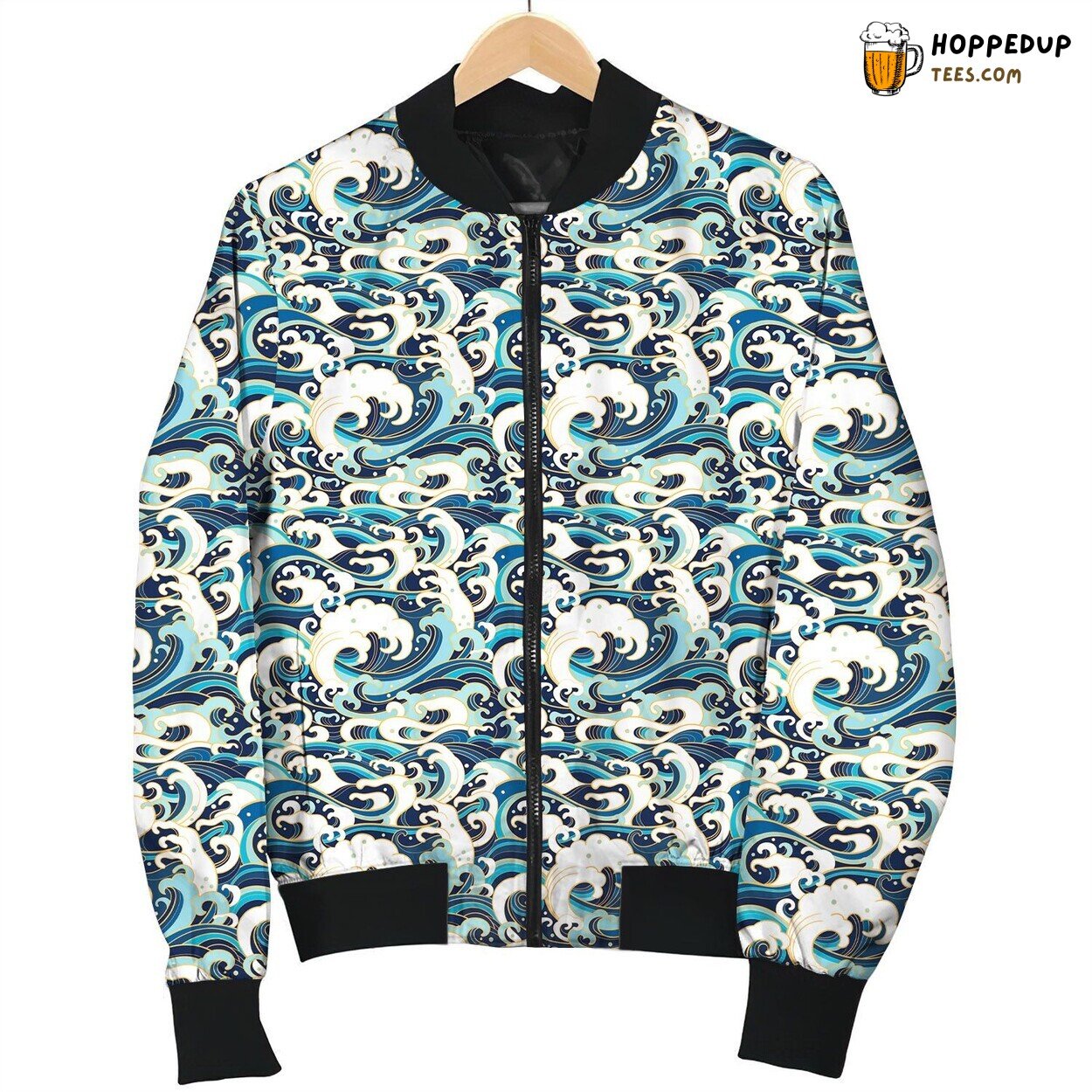 Oriental Waves Pattern Bomber Jacket