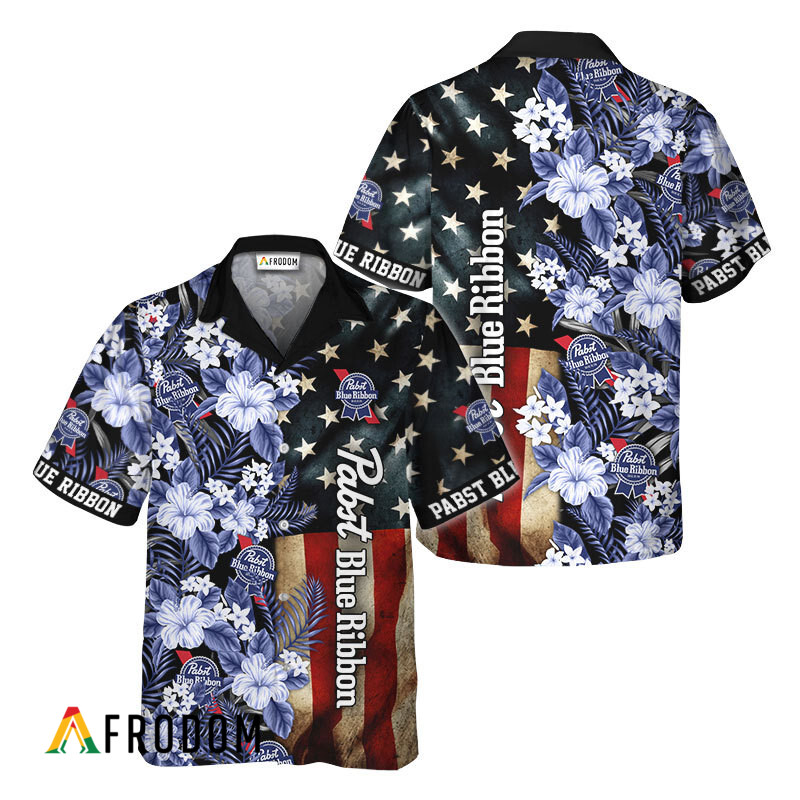 Pabst Blue Ribbon American Flag Tropical Flower Hawaiian Shirt HU