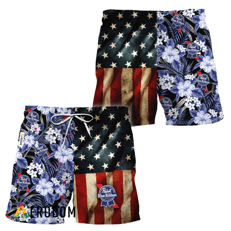 Pabst Blue Ribbon American Flag Tropical Flower Hawaiian Shorts HU