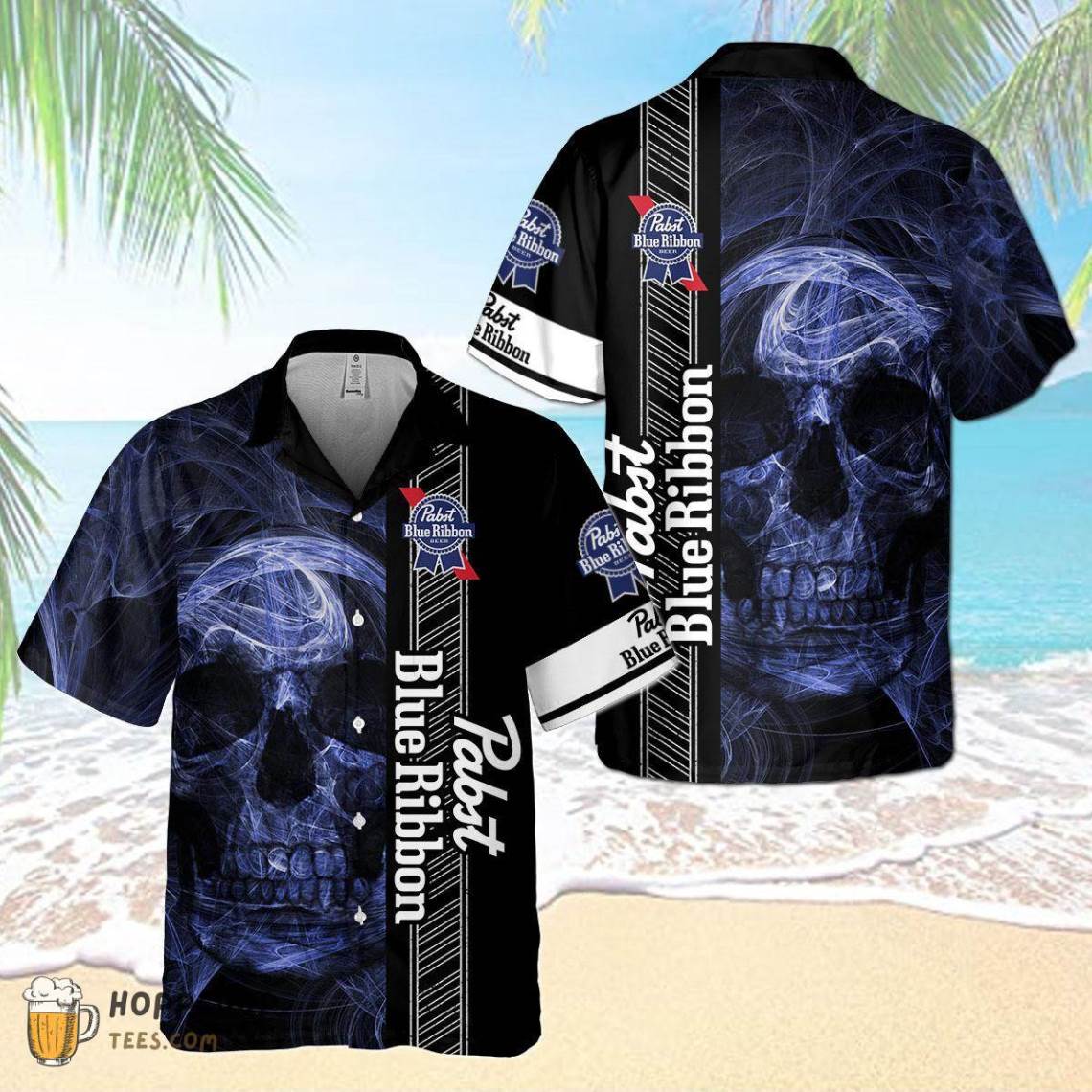 Pabst Blue Ribbon Beer Smoke Skull Hawaiian Shirt