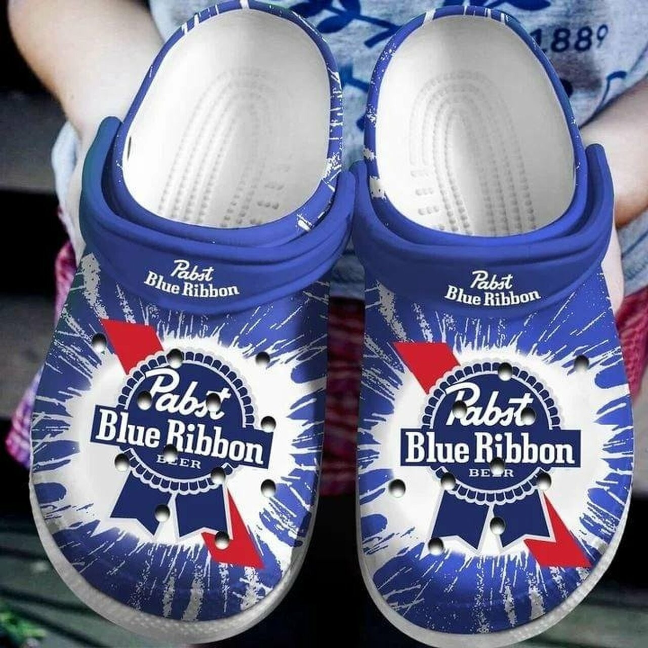 Pabst Blue Ribbon Beer Themed Crocband Clogs HU Pabst Blue Ribbon Beer Themed Crocband Clogs HU