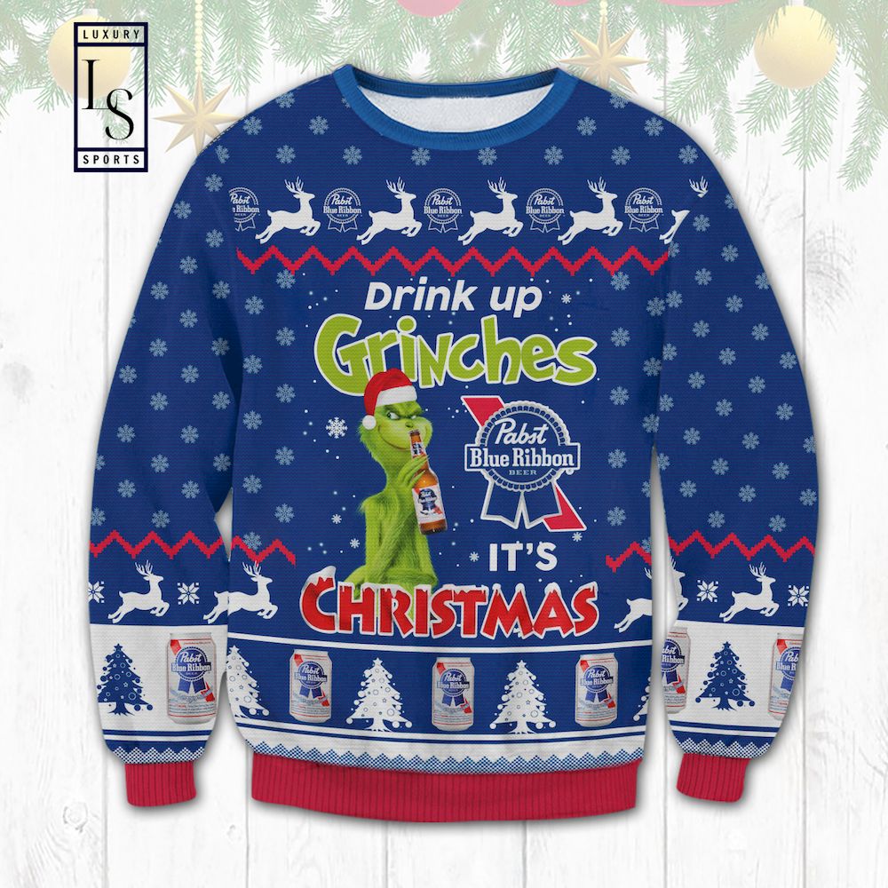 Pabst Blue Ribbon Drink Up Grinches Ugly Christmas Sweater HU