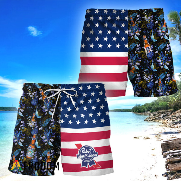 Pabst Blue Ribbon Flower American Flag Hawaiian Shorts PBR Swim Trunks HU