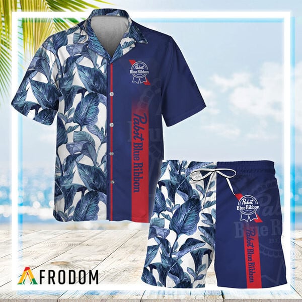 Pabst Blue Ribbon Hawaiian Shirt and Shorts with Tropical Leaf HU