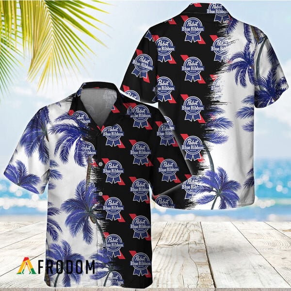 Pabst Blue Ribbon Hawaiian Shirt Black Match Palm Trees HU