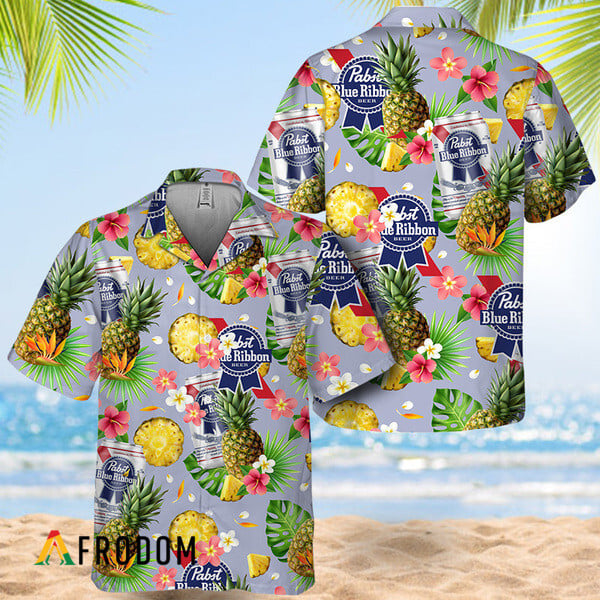 Pabst Blue Ribbon Hawaiian Shirt Floral Pineapple Theme HU