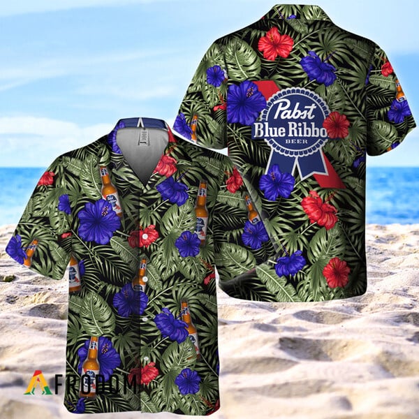 Pabst Blue Ribbon Hawaiian Shirt with Tropical Flower Theme HU