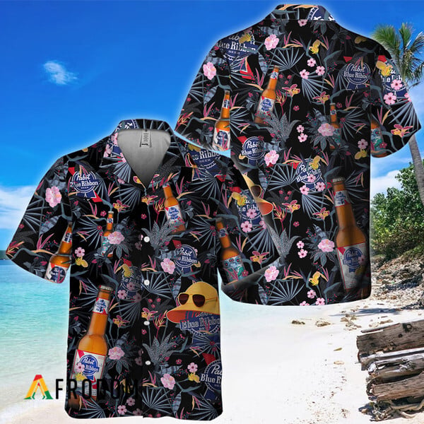 Pabst Blue Ribbon Hawaiian Shirt with Tropical Plant Design HU