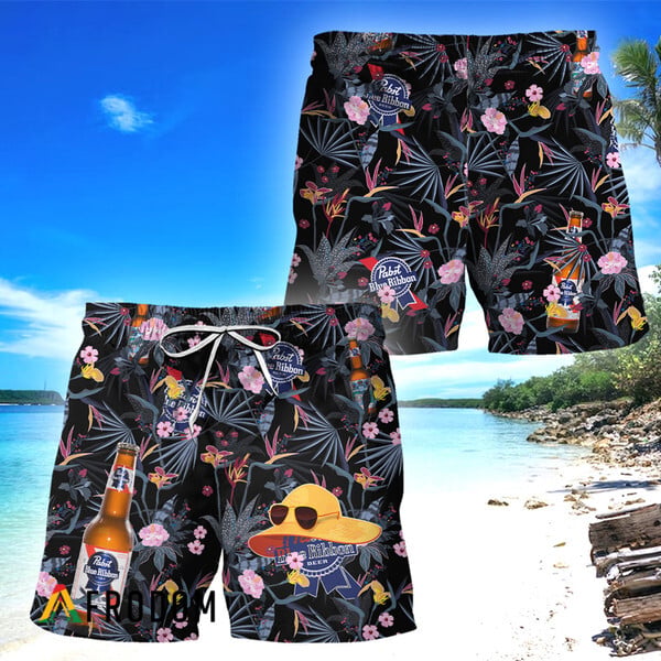 Pabst Blue Ribbon Hawaiian Swim Shorts Tropical Vibes Design HU