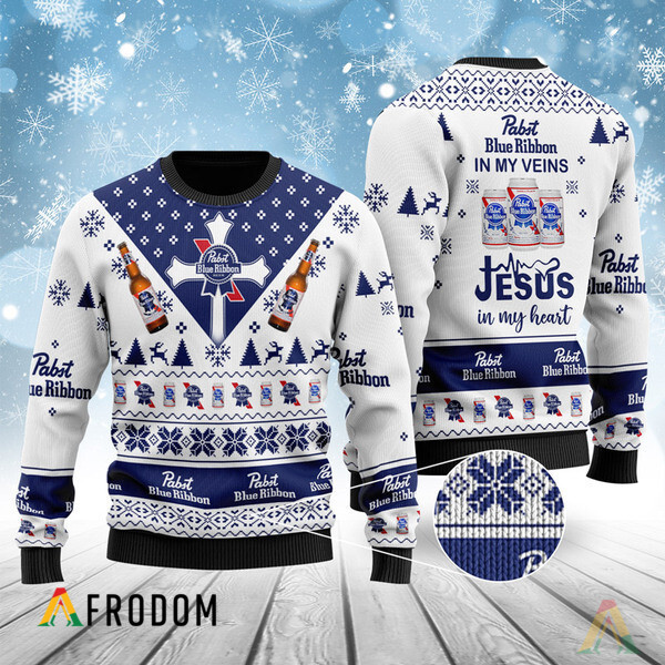 Pabst Blue Ribbon In My Veins Jesus In My Heart Ugly Sweater HU
