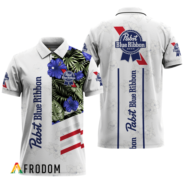 Pabst Blue Ribbon Polo With White Tropical Flower Design HU