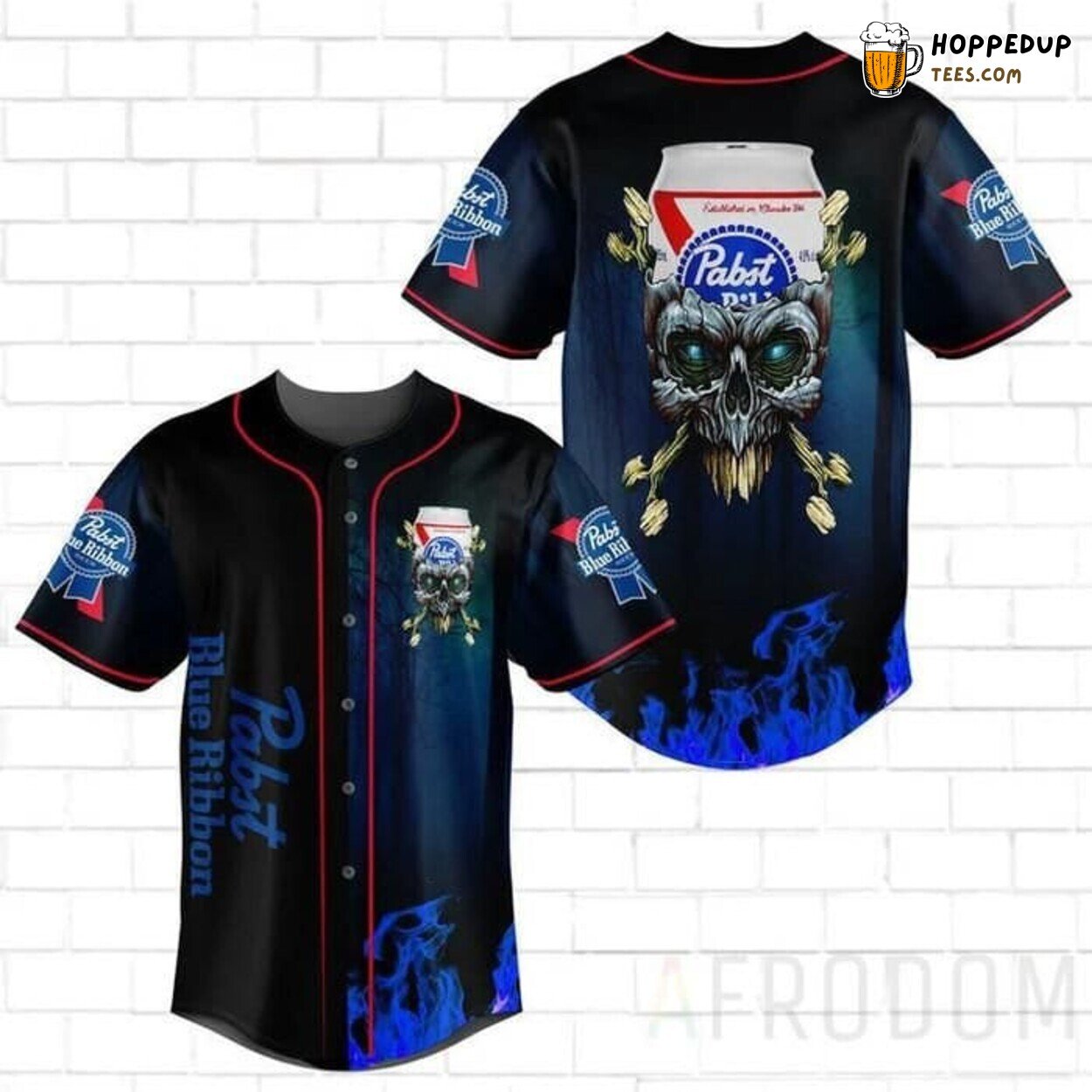 Pabst Blue Ribbon Skull Graphic Casual Baseball Jersey Brewer Cool