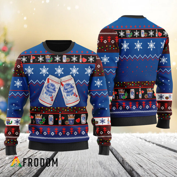 Pabst Blue Ribbon Snowflake Pattern Ugly Christmas Sweater HU