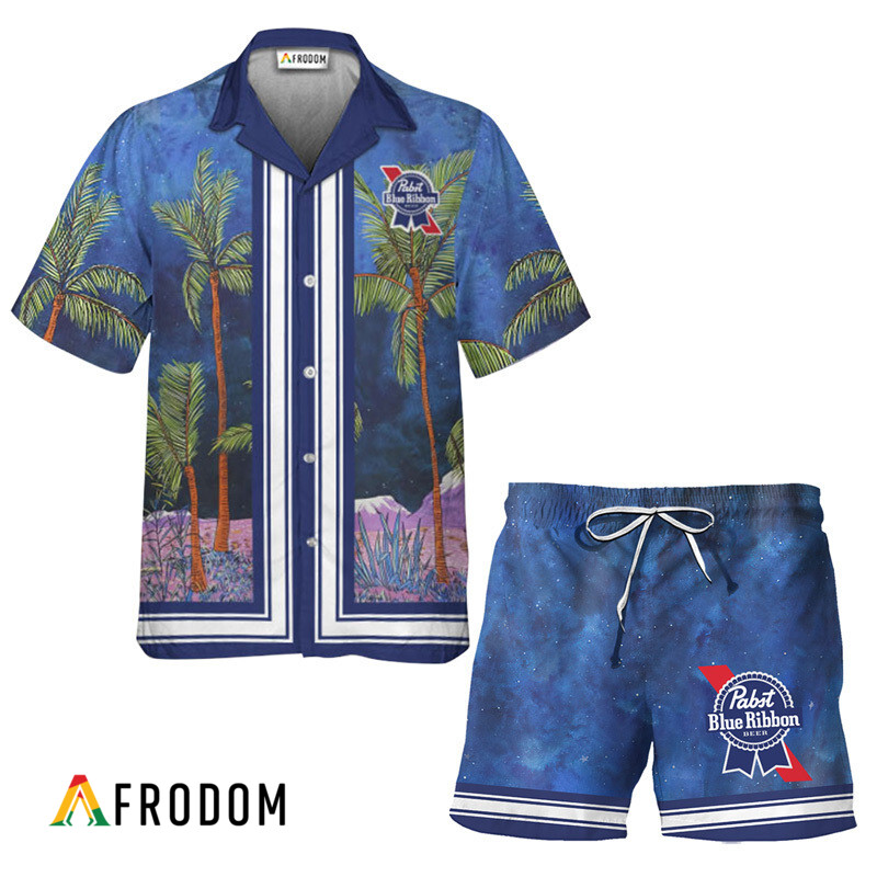 Pabst Blue Ribbon Star Print Bermuda Hawaiian Shirt & Shorts Set HU