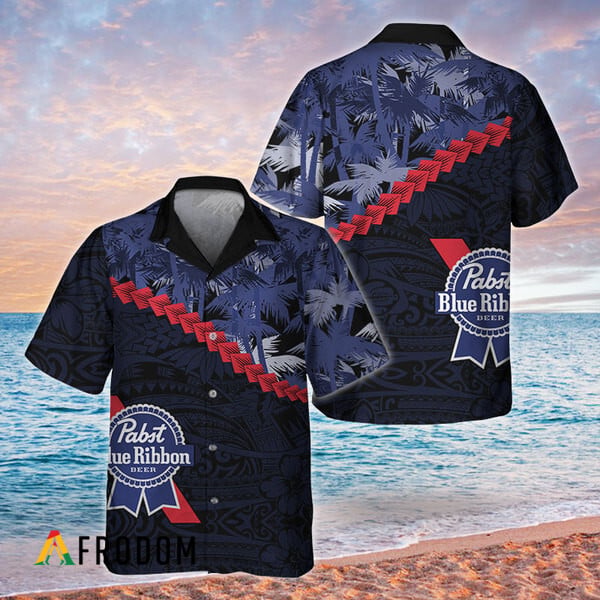 Pabst Blue Ribbon Summer Polynesian Palm Tree Hawaiian Shirt HU