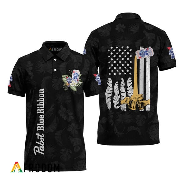 Pabst Blue Ribbon US Flag Inspired Black Hawaiian Polo HU