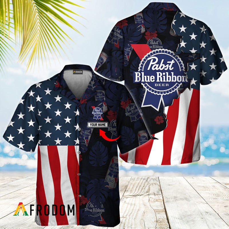Pabst Blue Ribbon US Flag Tropical Vibes Hawaiian Shirt HU