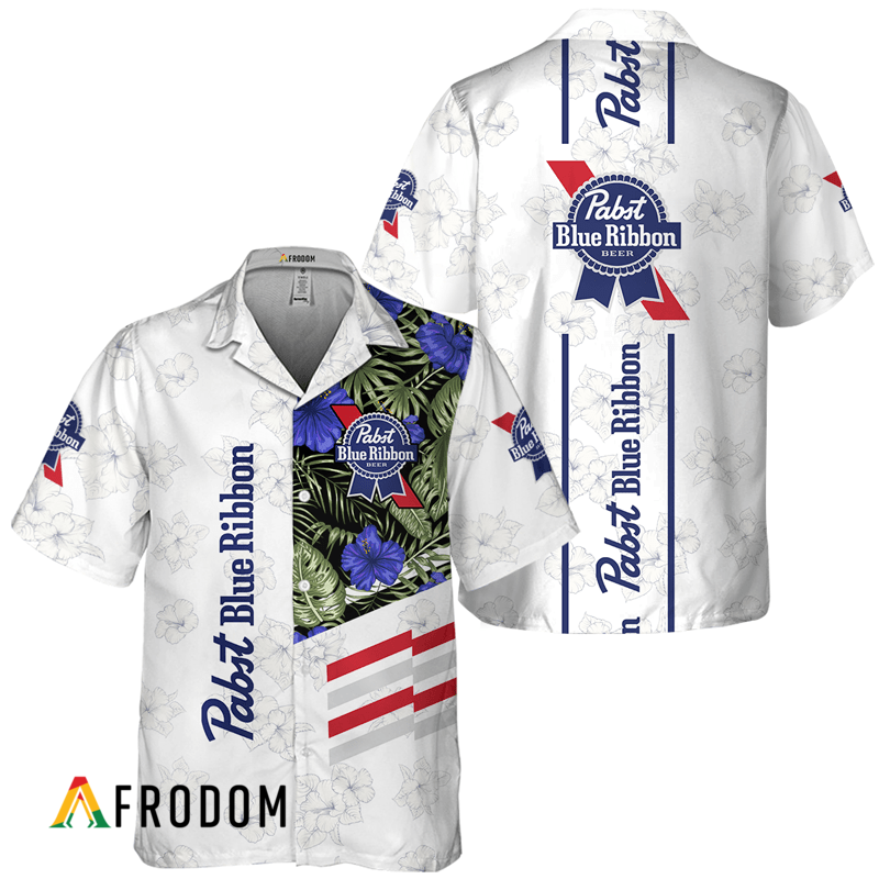 Pabst Blue Ribbon White Tropical Flower Hawaiian Shirt HU