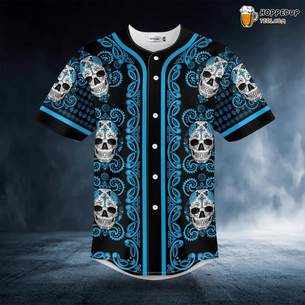 Paisley Blue Sugar Skull Head 3D Printed Baseball Jersey Graphic