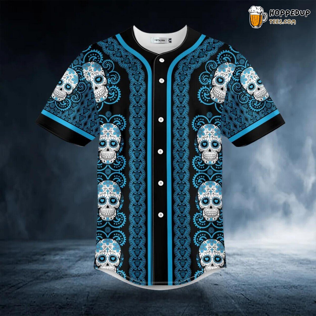 Paisley Blue Sugar Skull Head Pattern Baseball Jersey Graphic Tees 3D Print