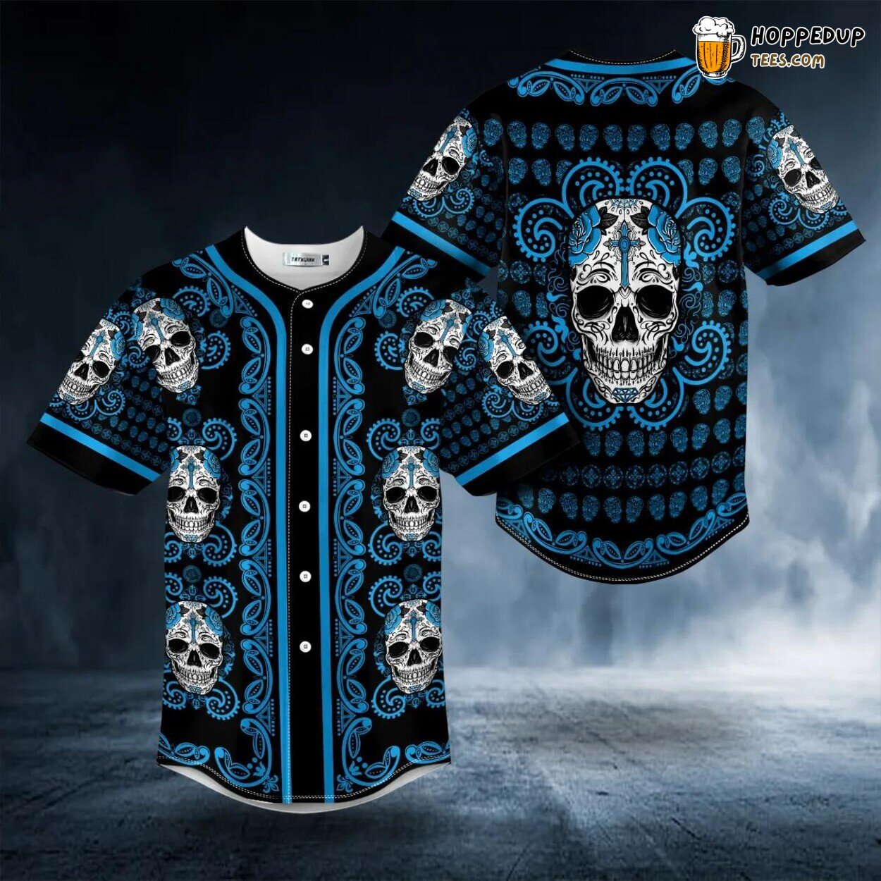 Paisley Blue Sugar Skull Head Unique Tailored Baseball Jersey Design