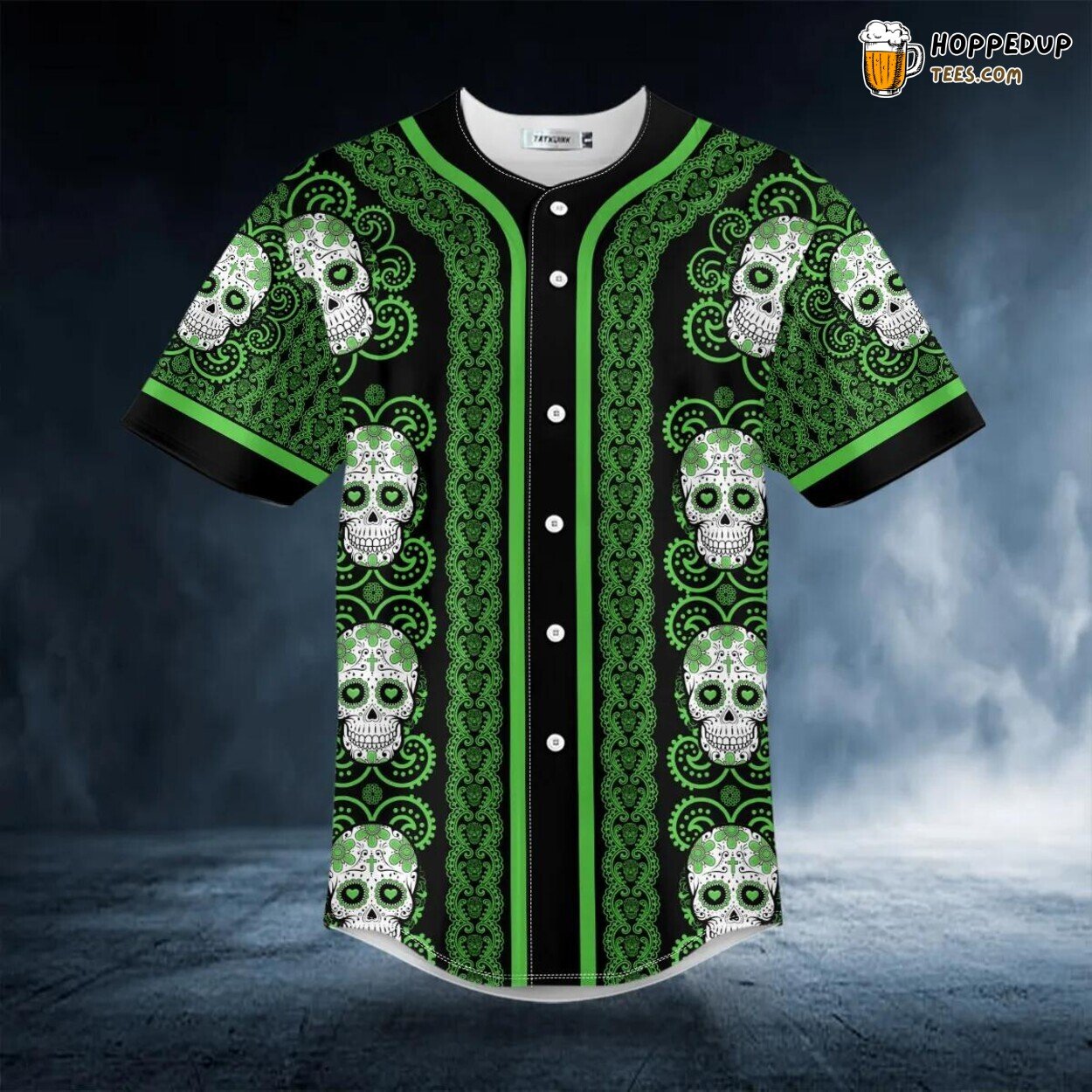 Paisley Green Sugar Skull Head Pattern Baseball Jersey Graphic Tees 3D Print