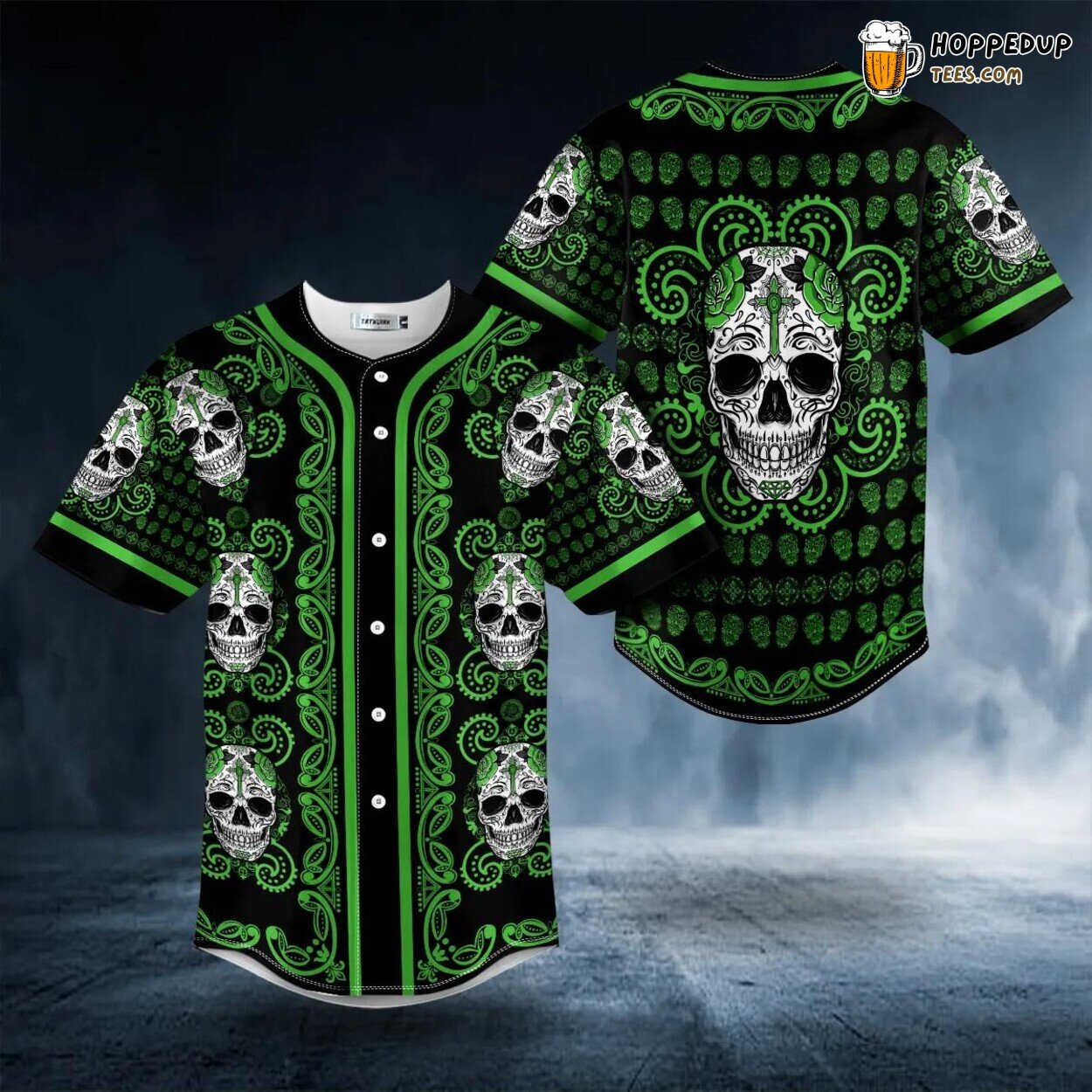 Paisley Green Sugar Skull Head Unique Tailored Baseball Jersey Design