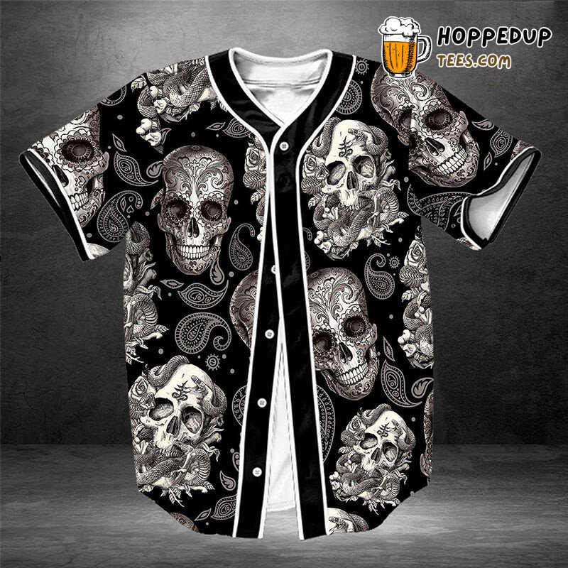 Paisley Pattern With Skull Elegance Baseball Jersey Tee Design