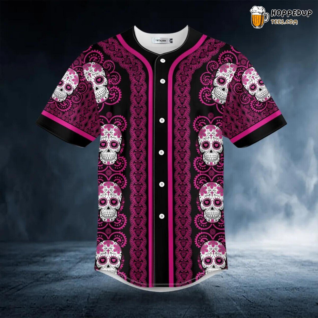 Paisley Pink Sugar Skull Head Pattern Baseball Jersey Graphic Tees 3D Print
